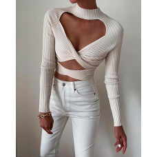 Twisted Cutout Front Crop Sweater - white