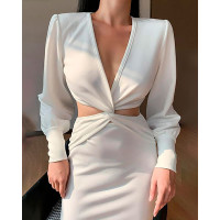 Twisted Cutout Lantern Sleeve Bodycon Dress - white