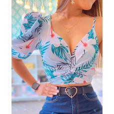 Twisted Front Puff Sleeve Tropical Print Asymmetrical Top - green