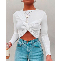 Twisted Solid Long Sleeve Crop Top - white