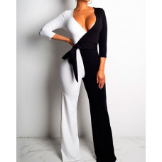 Two Tone Tied Waist Wrap Jumpsuits - white