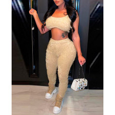 U Neck Fluffy Crop Top & High Waist Pants Set - Apricot