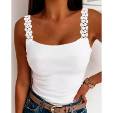 U Neck Lace Patch Tank Top - white