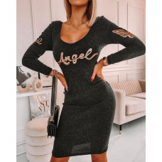 U Neck Letter Wing Sequin Long Sleeve Ribbed Dress - Dark grey