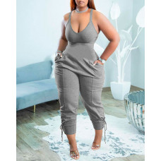 U-Neck Sleeveless Pocket Design Jumpsuit - gray