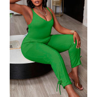 U-Neck Sleeveless Pocket Design Jumpsuit - green