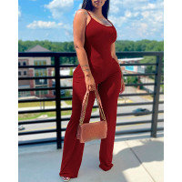 U Neck Sleeveless Pocket Design Jumpsuit - Wine red