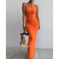 U-Neck Spaghetti Strap Maxi Dress - orange