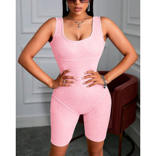 U-Neck Thick Strap Fitted Romper - pink