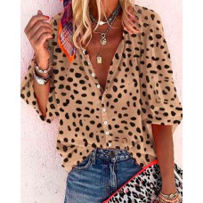 V Neck All Over Print Button Design Top - khaki