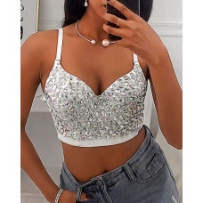 V-Neck Allover Rhinestone Corset Crop Top - white