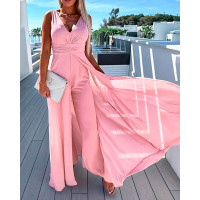 V-neck Asymmetrical Hem Sleeveless Party Jumpsuit - pink