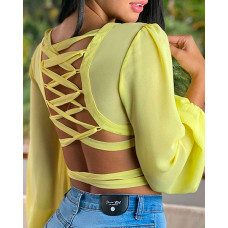 V-Neck Bandage Lace-up Back Long Sleeve Top - yellow