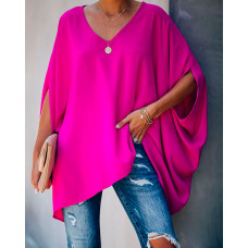 V Neck Batwing Sleeve Casual Top - hot pink