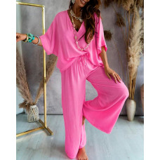 V-Neck Batwing Sleeve Top & Casual Pants Set - hot pink