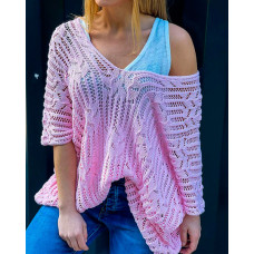 V-Neck Bell Sleeve Hollow Out Knit Sweater - pink