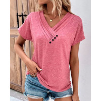 V-Neck Button Decor Casual T-Shirt - pink