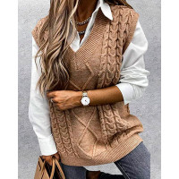 V-Neck Cable Knit Sweater Vest - khaki