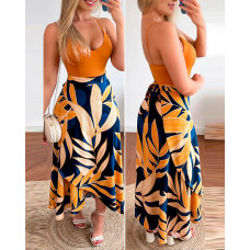 V-Neck Cami Top & Tropical Print Skirt Set - yellow