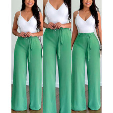 V-Neck Cami Top & Wide Leg Pants Set - green