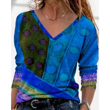 V Neck Colorblock Long Sleeve Abstract Print Top - blue