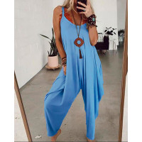 V-Neck Comfy Loose Casual Harem Jumpsuit - Lighted Blue