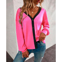 V-Neck Contrast Paneled Buttoned Casual Top - hot pink