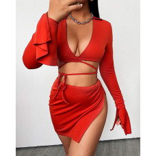 V-Neck Criss Cross Tie Slit Flounce Sleeve Crop Top - orange