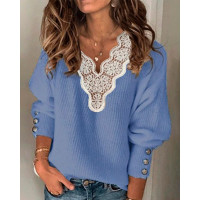 V Neck Crochet Lace Lantern Sleeve Buttoned Sweater - blue