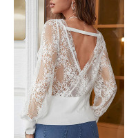 V Neck Crochet Lace Lantern Sleeve Top - white