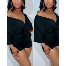 V-Neck Drawstring Half Sleeve Romper - black