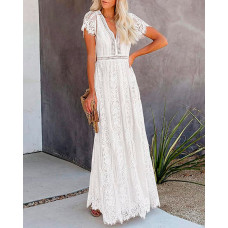 V-Neck Eyelash Crochet Lace Maxi Dress - white