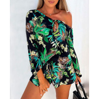 V-Neck Floral Plants Print Top & Tied Detail Shorts Set - green