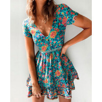 V-neck Floral Print Casual Dress - blue