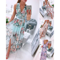 V-Neck Floral Print High Slit Dress - Lighted Blue