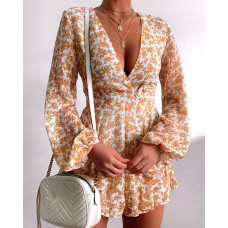 V-neck Floral Print Long Sleeve Dress - yellow