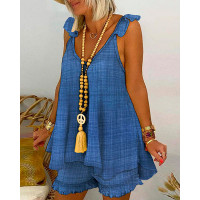 V-Neck Flowy Top & Tassel Design Shorts Set - blue