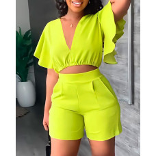 V-Neck Flutter Sleeve Crop Top & Shorts Set - lvs green