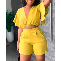 V-Neck Flutter Sleeve Crop Top & Shorts Set - yellow