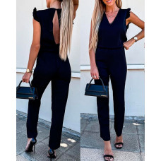 V-Neck Flutter Sleeve Open Back Jumpsuit - black