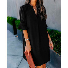 V Neck Half Sleeve Casual Dress - black