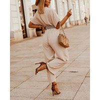 V-Neck Half Sleeve Jumpsuit With Belt - Apricot