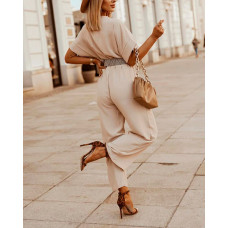 V-Neck Half Sleeve Jumpsuit With Belt - Apricot