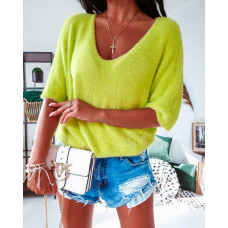 V Neck Half Sleeve Knit Fluffy Top - yellow