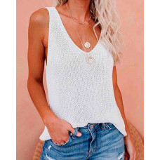 V-Neck Knit Sleeveless Plain Basic Tank Top - white