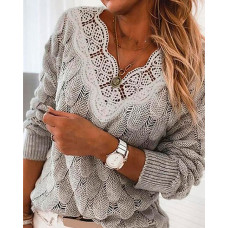 V Neck Lace Patch Swiss Dot Sweater - gray