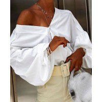 V-Neck Lantern Sleeve Drop Shoulder Top - white