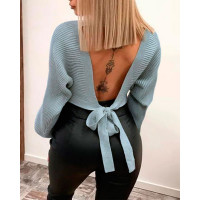 V-Neck Lantern Sleeve Knotted Backless Sweater - style1