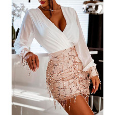 V Neck Lantern Sleeve Sheer Mesh Sequin Dress - white