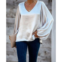 V Neck Lantern Sleeve Top - silver